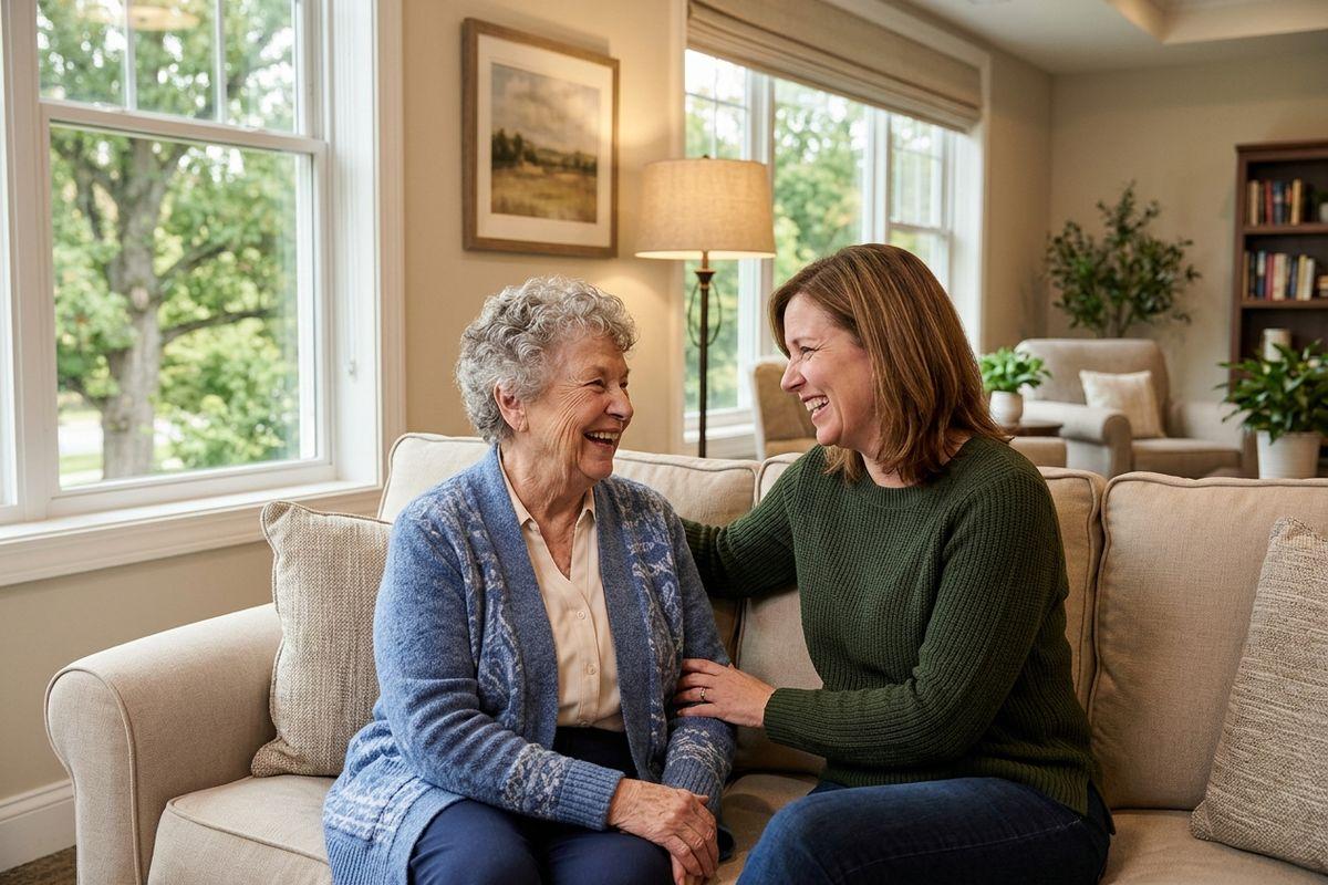 An older adult sits closely with their loved one on a sofa in a living room, laughing and talking, as their loved one rests a hand on their arm.