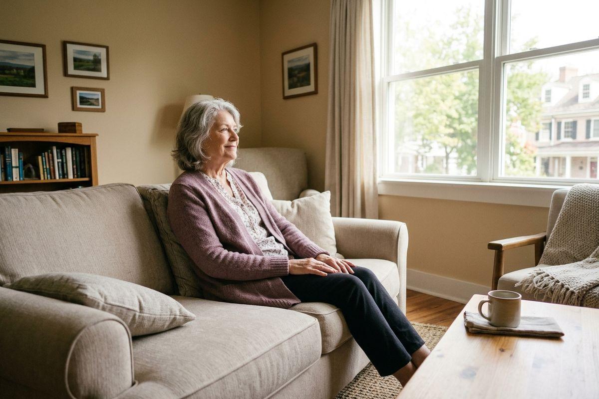 An older adult in a cardigan sits on a sofa, smiling and gazing toward a sunlit window in a living room.